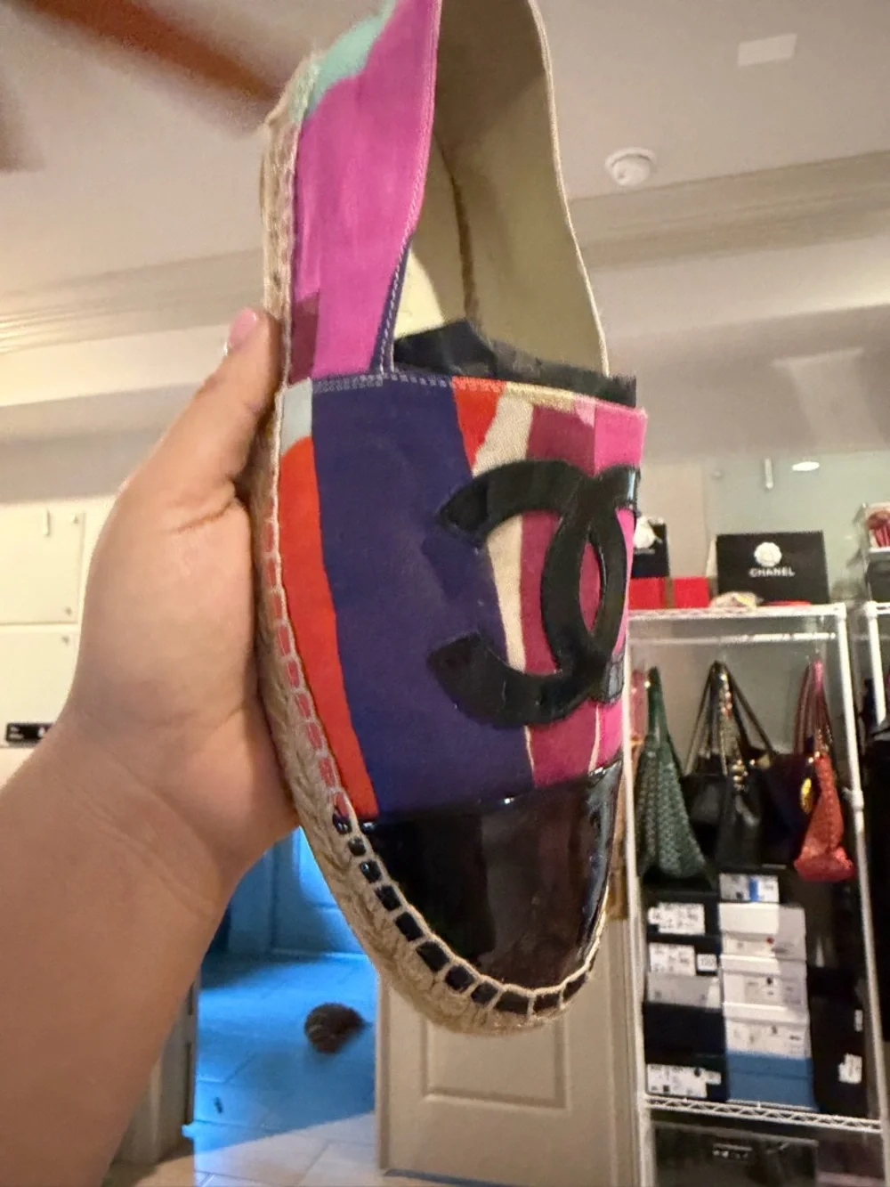 Authentic Chanel Multicolor Fabric Espadrilles Patent Black Toe Flat Size 39 - Picture 3 of 14